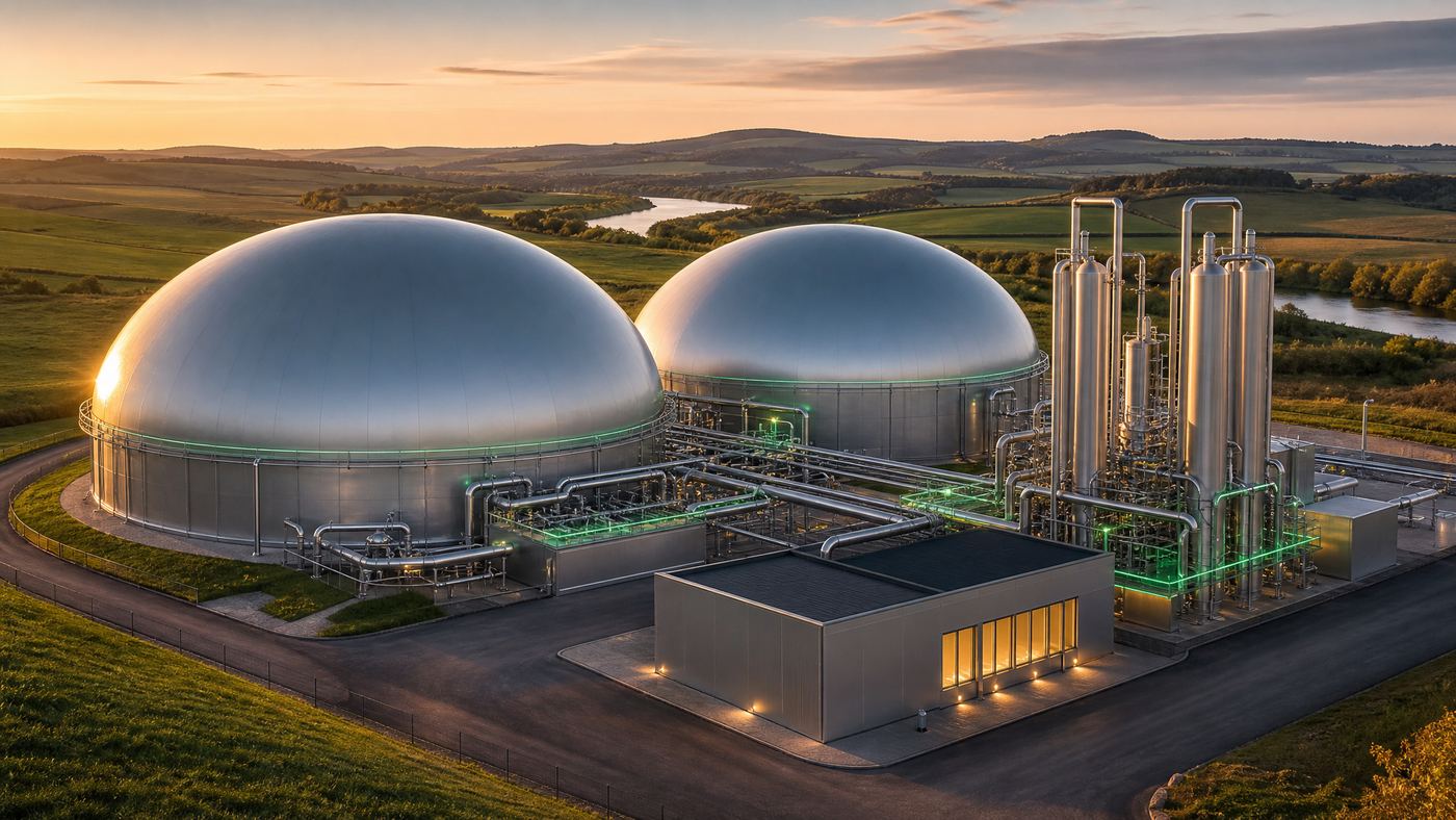 PROTICKS biogas anaerobic digester plant with twin domed digester tanks and membrane gas upgradation columns